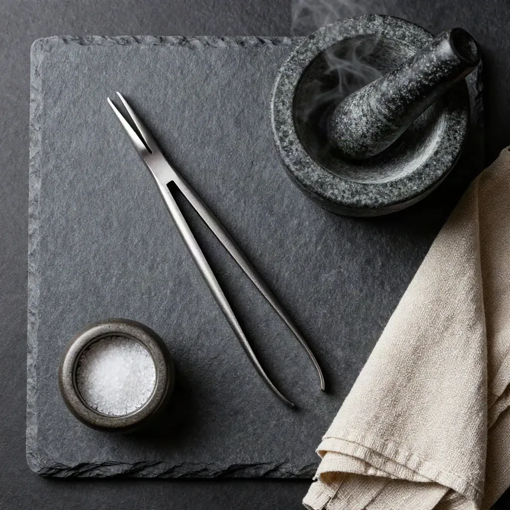 Overhead still life of chef tweezers, stone mortar, salt cellar, and linen napkin on stone.