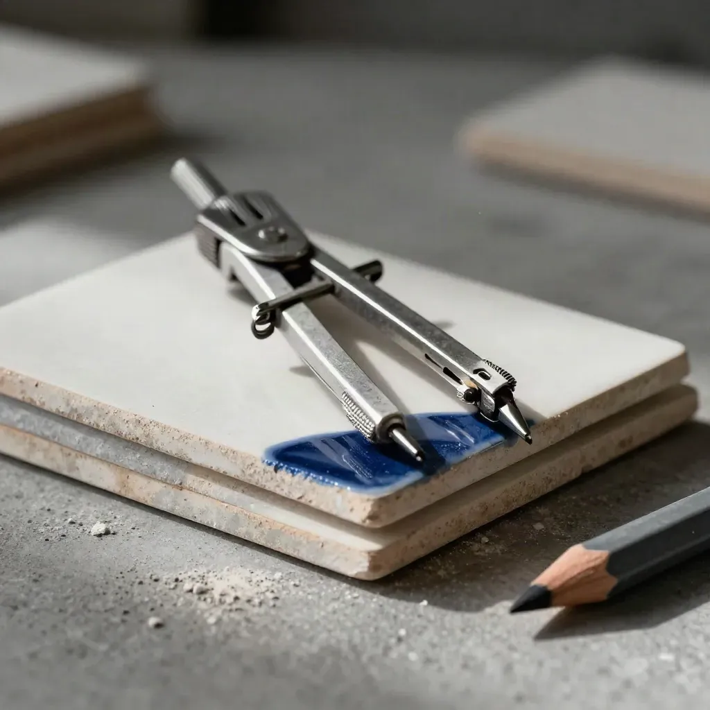 Macro still life of a drafting compass over ceramic swatches on a concrete workbench.