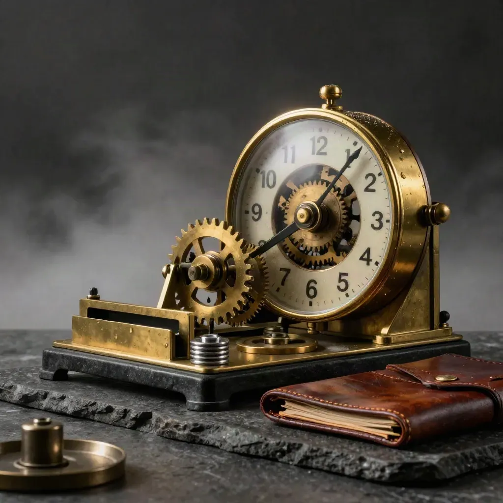 Brass punch-clock mechanism with gears, tokens and leather folio on dark stone in misty pre-dawn light.