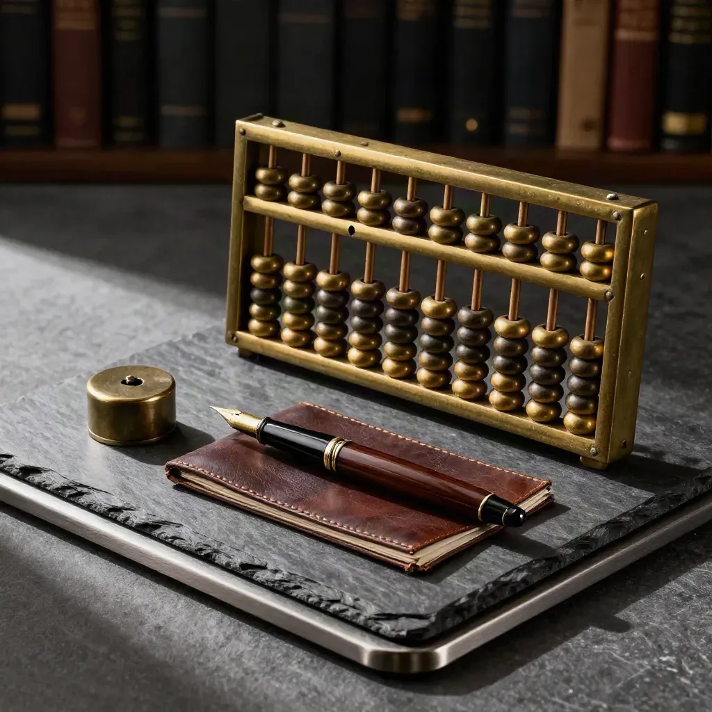 Brass abacus, pen, blotter and account book on slate in dramatic side light.