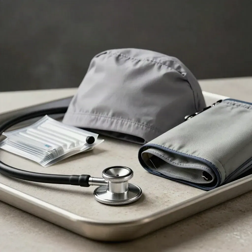 Stethoscope, tray, scrub cap and blood-pressure cuff on pale stone in dramatic studio light.