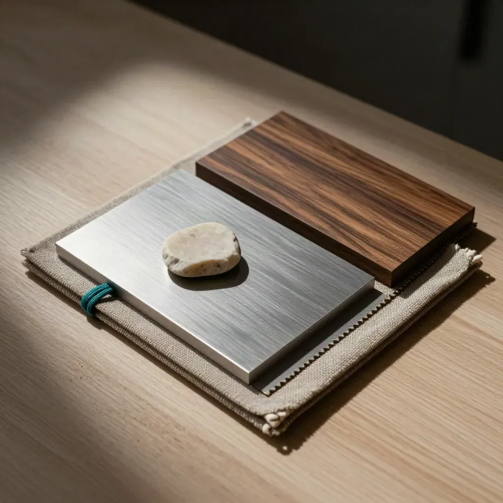 Architectural material samples on pale wood with one lifted chip and a muted teal thread.