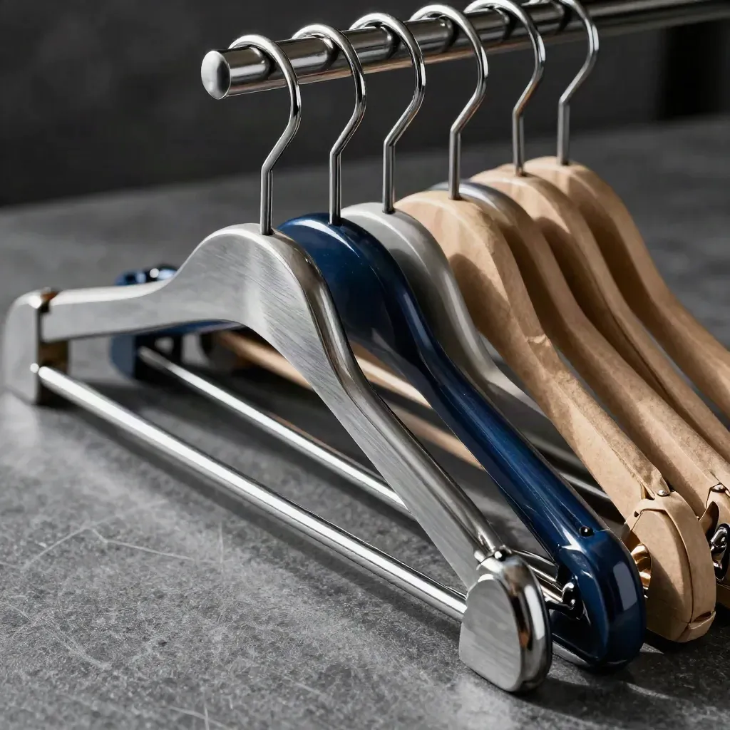 Chrome hangers, hooks, bag handles and shelf brackets in a dark retail hardware macro