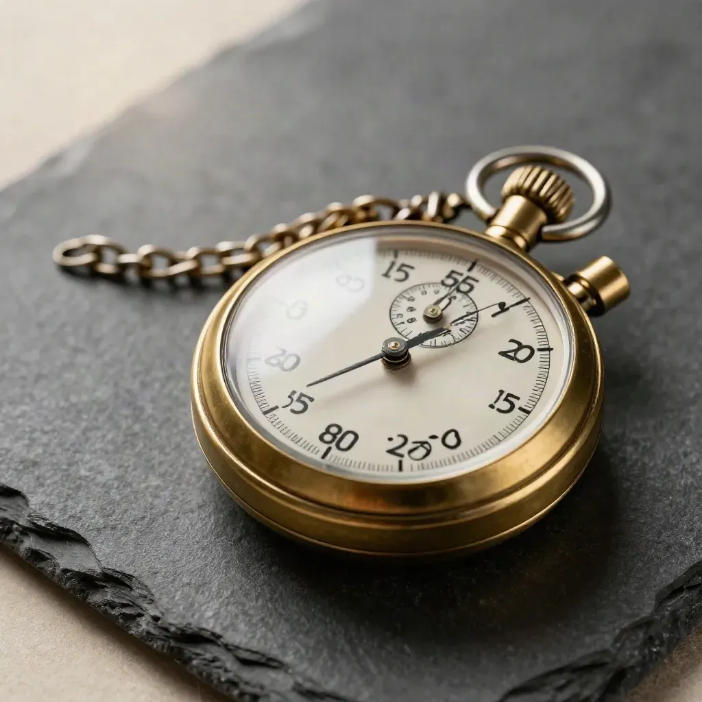 Brass stopwatch with chain and split ring on dark stone, shot in extreme macro from above.