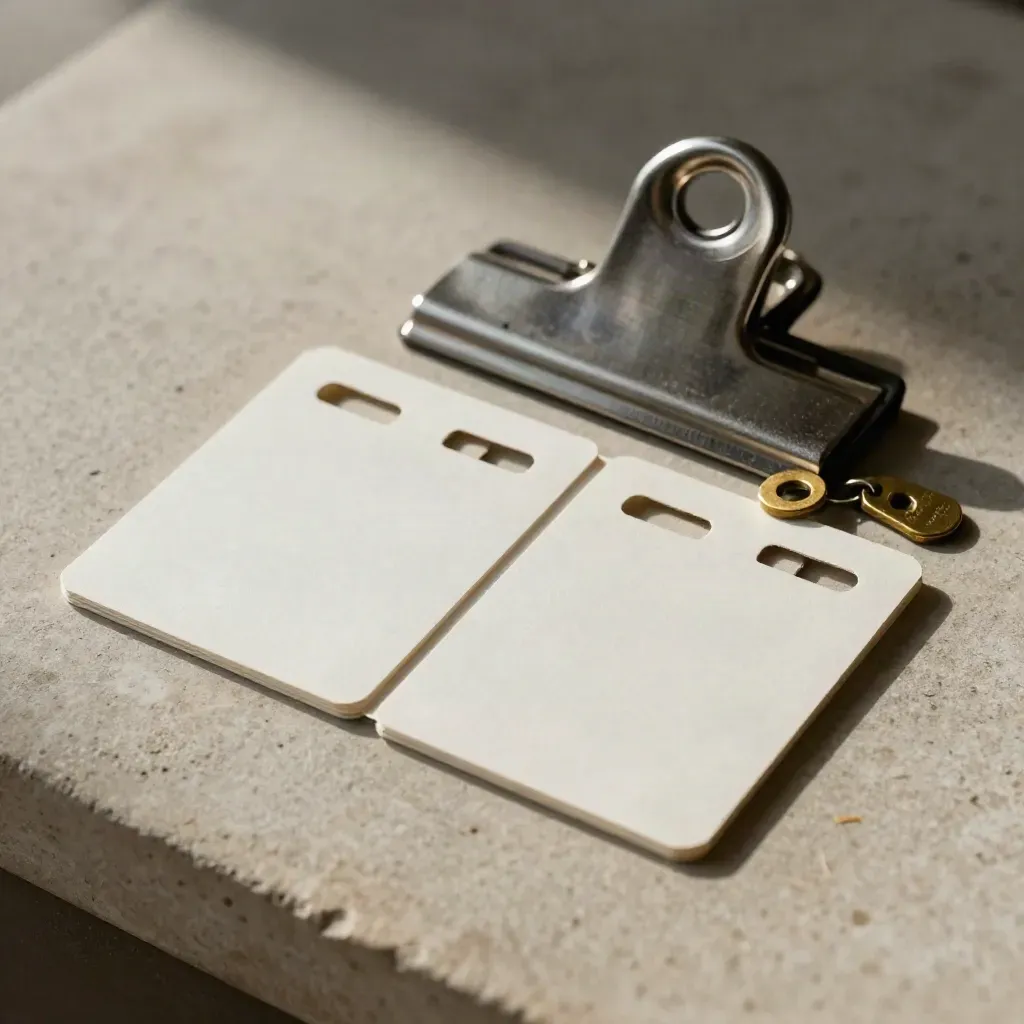 Top-down timesheets still life with punched cards, steel clip and brass tags on pale stone