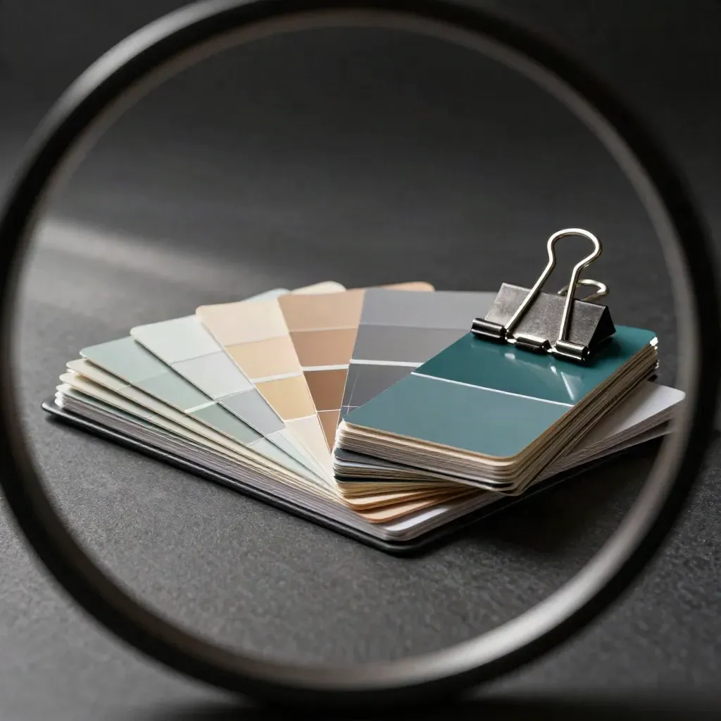 Colour swatches, binder clips and acetate proofs on a studio table seen through a blurred cable spool.