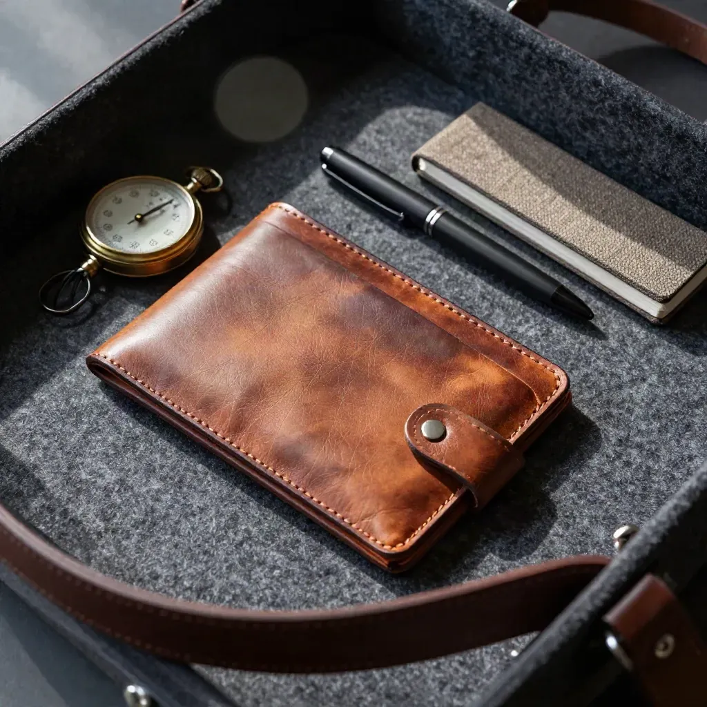 Leather wallet, stopwatch, pen, cable wrap and notebook in a dark overhead flatlay