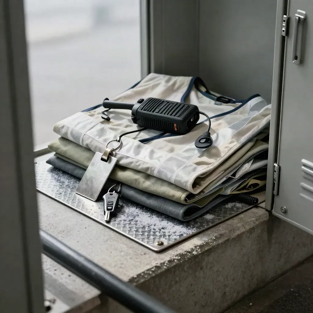 Folded hi-vis vest and warehouse tools on a steel mat beside a locker bay.