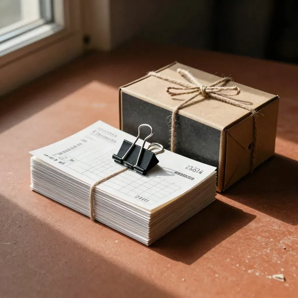 Overhead payroll timecards, slate binder clips and archive box on terracotta clay.
