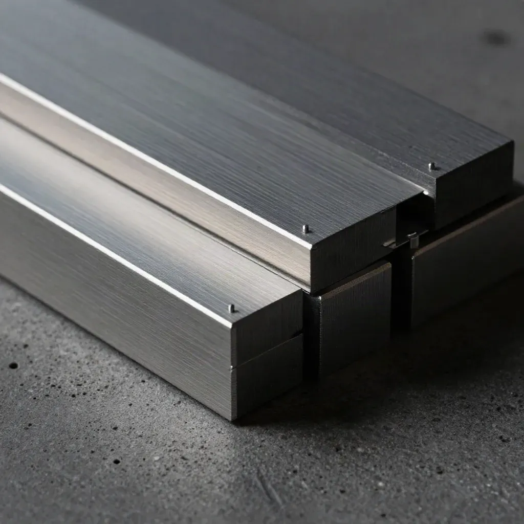 Aluminium modular blocks locking together on dark concrete, lit in a diagonal macro close-up.