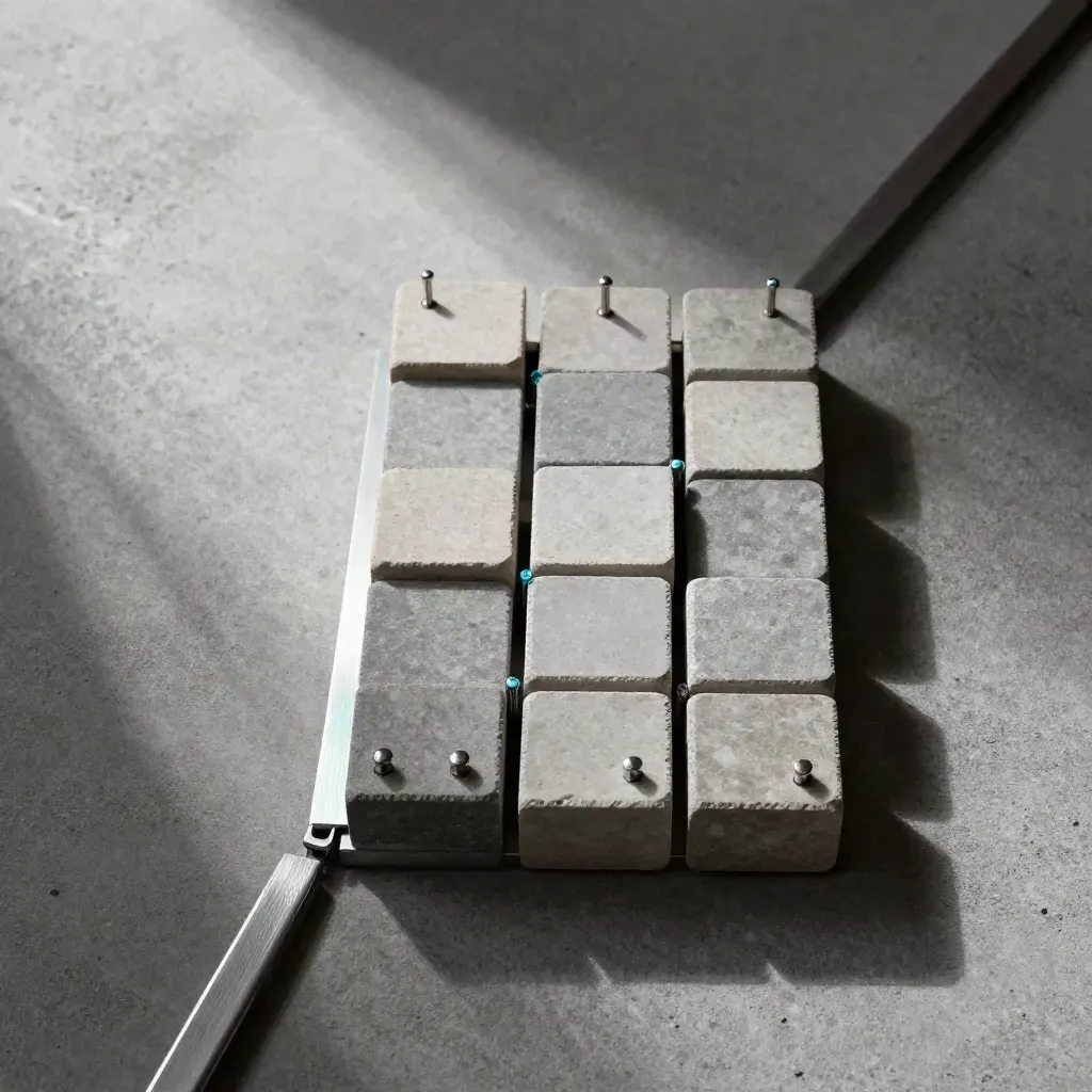 Stone cubes and metal pins arranged in a tidy modular grid on concrete, with one cube sliding into place.