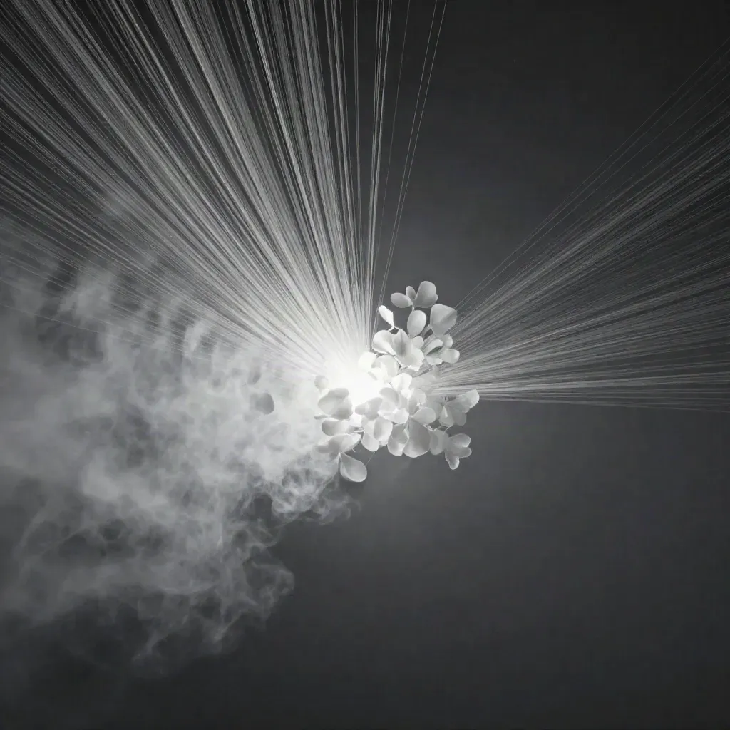 Silver light filaments converge in dark haze with a soft white bloom and empty space for copy.