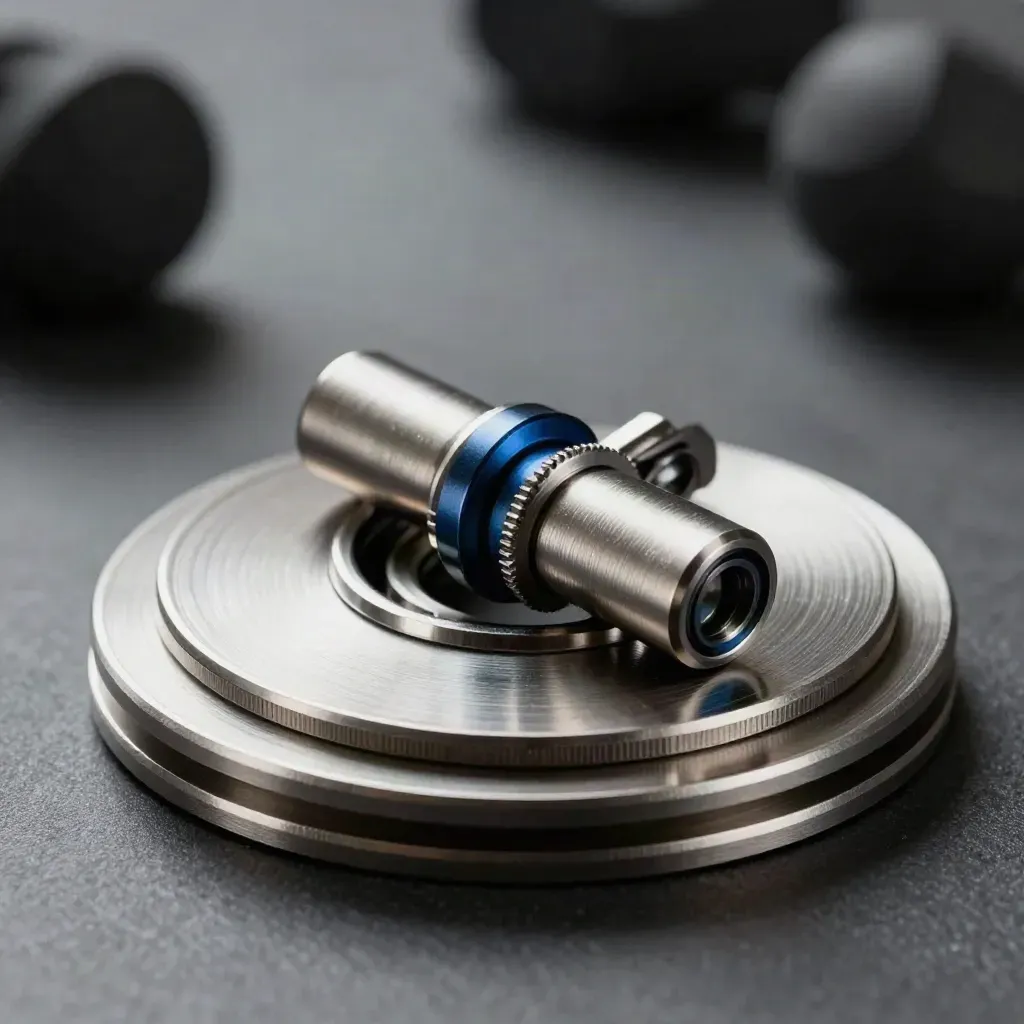 Machined coupler rings and connectors clicking shut on a pewter surface